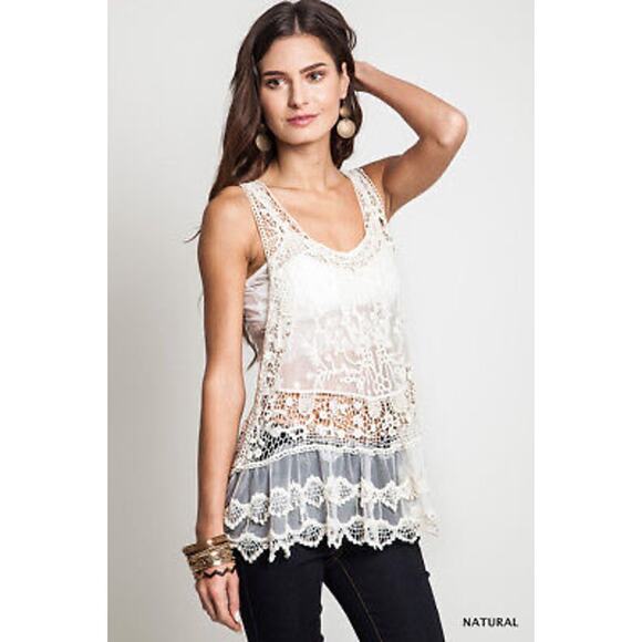 Umgee Tops - Umgee Women's Cream Cotton Blend Crochet Mesh Cut Out Racerback Tank Size S/M